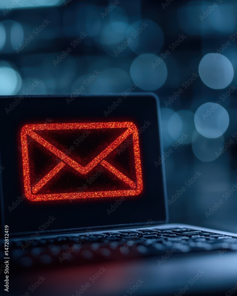 Poster a glowing red envelope icon on a laptop screen in a blurred digital environment represents email com