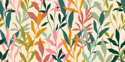 Fototapete Der Raum Muster  Abstract art vintage colors tropical line art leaves seamles background vector. Wallpaper design with leaves shapes and scribble doodle linear leaf. vintage botanical floral seamless pattern  © Hulinska Yevheniia