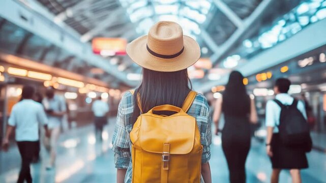 Young Traveler with Backpack and Hat in Modern Transportation Hub Ready for Adventure