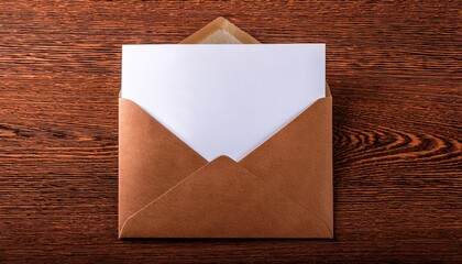 a brown envelope containing a white card is placed on a wooden table