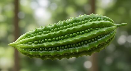 Close-Up Of A Vibrant Green Bitter Melon Against A Bokeh Background