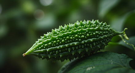 Naklejka premium Detailed Shot Of A Vibrant Green Bitter Melon Against A Natural Background