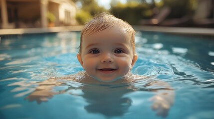 Baby's beaming joy in a refreshing swimming pool