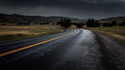 Naklejka premium Wet road curves through a landscape under a dark cloudy sky.