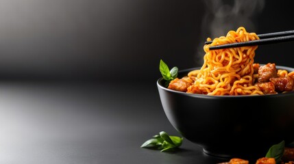 A steaming bowl of noodles being lifted with chopsticks, showcasing delicious flavors and vibrant colors.