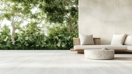 A sleek, minimalist outdoor lounge area surrounded by lush greenery, providing a refreshing and tranquil space for relaxation and enjoyment in nature’s embrace.