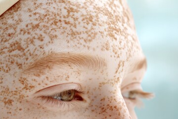 Naklejka premium Close-up View of Forehead Skin Displaying Pigmentation Spots, Revealing Unique Skin Characteristics and Natural Beauty, While Sunlight Enhances Texture and Patterns Without Overwhelming Brightness