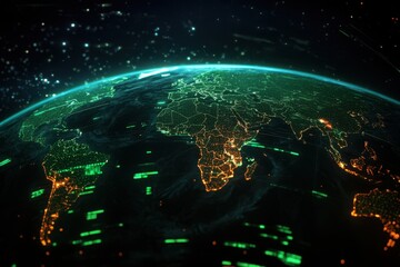 A stunning aerial view of Earth highlighting vibrant cities, with sparkling lights and a glowing atmosphere at night.