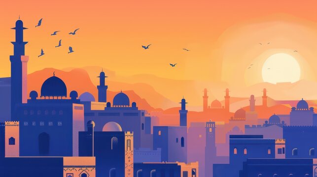 Yemen independence day celebration at sunset with city skyline and birds flying. Horizontal banner. Yemen Independence Day. Copy space. Flat illustartion. Postcard from Yemen - Powered by Adobe