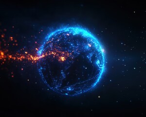 Obraz premium A stunning digital illustration of a glowing Earth surrounded by vibrant celestial elements, representing technology and global connectivity.