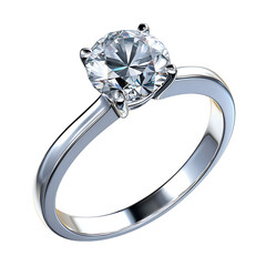 A close up of a silver ring with a large clear diamond on a white background studio shot jewelry