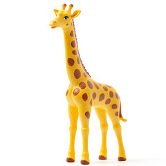 A yellow toy giraffe with brown spots standing upright on a white background in a studio setting © Abeetha Prasad