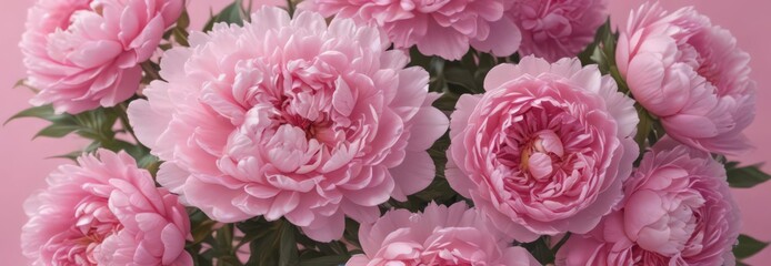 Dense cluster of pink peonies, soft pink backdrop,  pink flowers,  lush