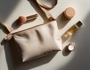 cosmetic bag mock up in natural light beige canvas pouch with zipper make up case for beauty products toiletries minimalist design top view flat lay perfect for brand product presentation