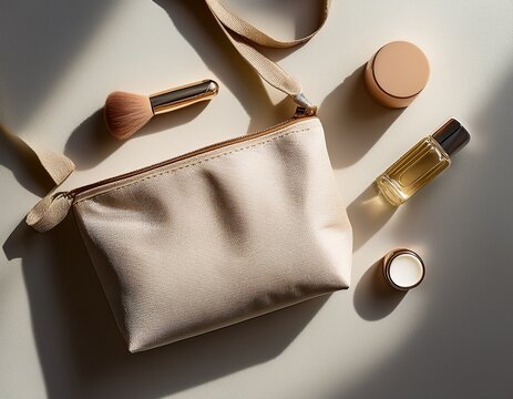cosmetic bag mock up in natural light beige canvas pouch with zipper make up case for beauty products toiletries minimalist design top view flat lay perfect for brand product presentation
