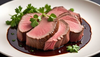 A beautifully presented sliced beef tenderloin with rich wine reduction and fresh parsley.