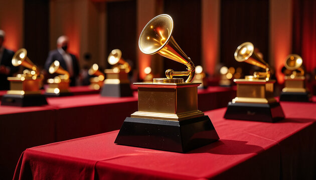 Grammy trophy display during formal ceremony, celebration of music