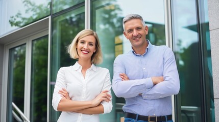 Smiling Business partners or coworkers  couple posing in front of their corporate office building looking at the camera
