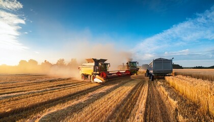 Obraz premium a colorful combine harvester working in a wheat field while a tractor and trailer move alongside collecting grain from the elevator a dust cloud rises in the background space for text