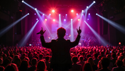 Lead singer performing energetically under vibrant stage lights, concert atmosphere
