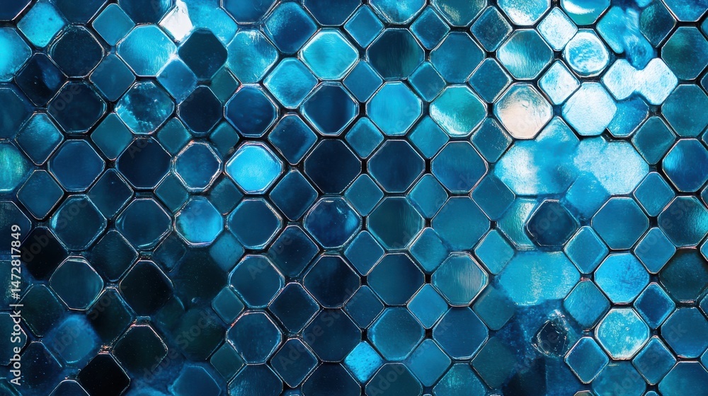 Poster an abstract close-up of a hexagonal pattern featuring varying shades of blue, ideal for backgrounds 