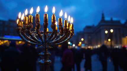 Fototapeta premium A nine-branched menorah ablaze at twilight, amidst a blurred city crowd