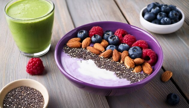 purple bowl with yogurt raspberries blueberries blackberries peanuts chia seeds and a matcha latte on wooden table
