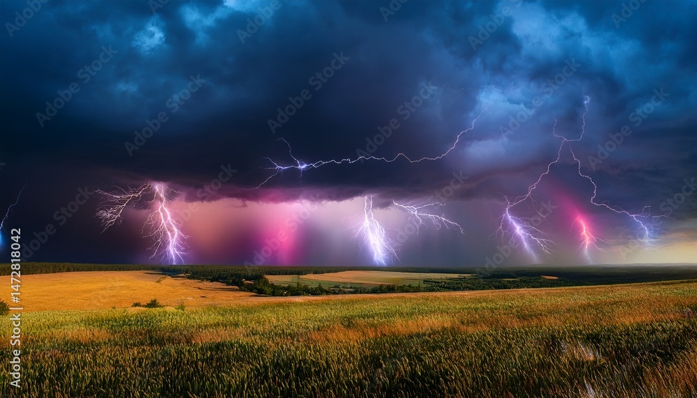 Canvas Prints clouds with colorful lightning in a stormy landscape a storm is raging in the skies illuminating mas