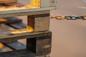 industrial wooden pallets with markings.