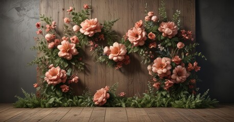 Naklejka premium Rustic artificial blooms, textured backdrop for events , faux floral, wedding photography backdrop, photo background