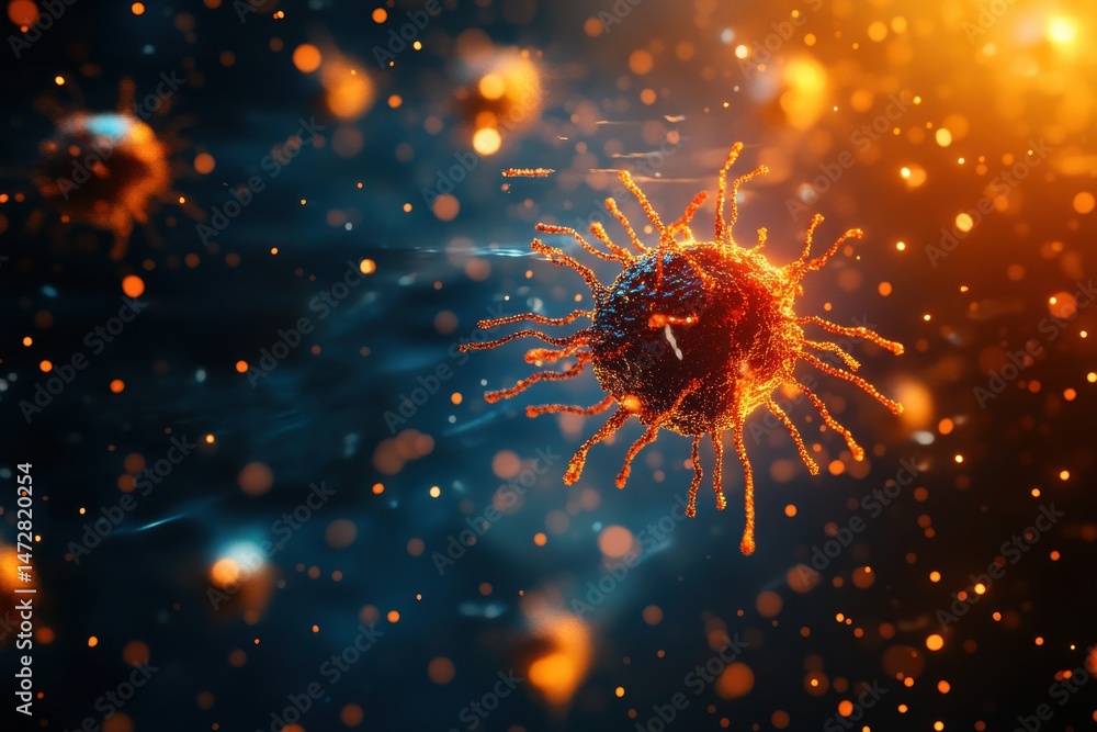 Poster detailed visualization of a virus in motion, showcasing vibrant colors and intricate structures agai