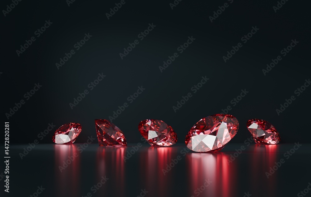 Poster red ruby diamond topaz gem group placed on glossy background 3d rendering