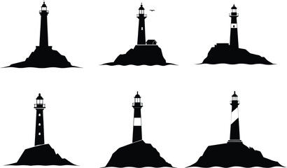 Fototapeta premium Collection of black silhouette illustrations of lighthouses situated on small islands.