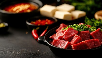 Fresh cuts of beef prepared for cooking, garnished with herbs and served with sauces and tofu in a rustic kitchen setting.