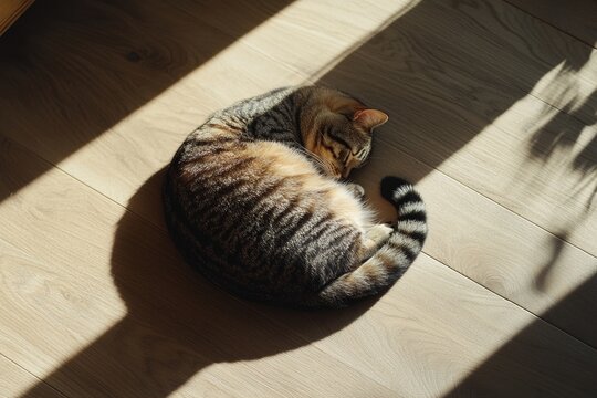 Tabby cat curled up sleeping on wooden floor with sunlight and shadow creating contrast. Domestic pet relaxation and cozy home atmosphere.