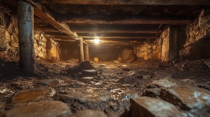 Dark tunnel with support beams and rocky ground