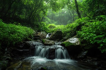 Obraz premium Lush forest creek cascading over rocks