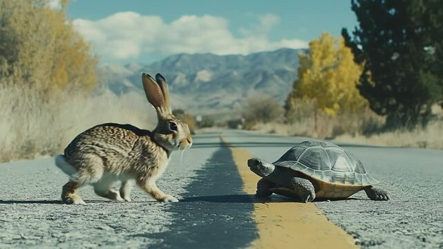 Intriguing Encounter: A Hare and Tortoise Face Off on a Desert Roadway Showdown