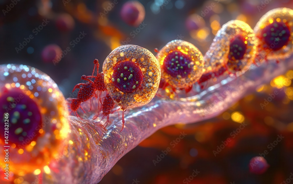 Poster intricate microscopic view of vibrant cells showcasing their unique structures and colors, highlight