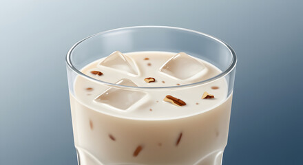 Iced Nut Milk Beverage Refreshing Drink with Ice Cubes and Chopped Nuts
