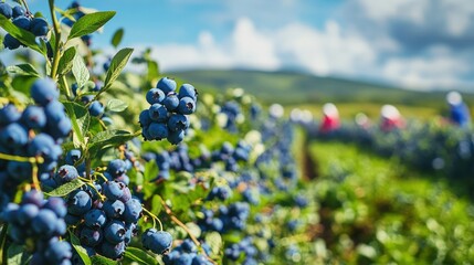 Close-up view of ripe blueberries on bushes in a field.