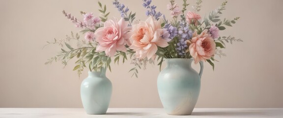 Obraz premium Pastel watercolor flower painting; charming vase, soft colors , illustration, flowers, vase