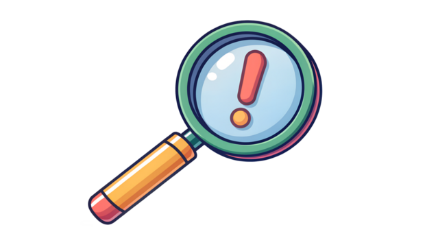 A magnifying glass focusing on an exclamation point symbol
