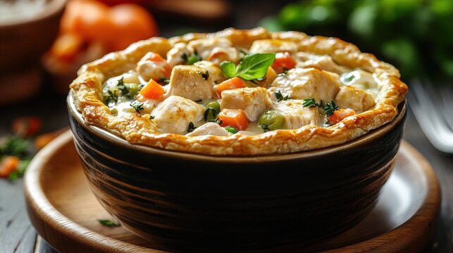 Delicious chicken pot pie in a rustic bowl.