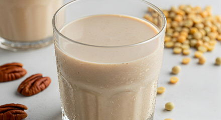 Nutritious Soy Beverage With Pecans and Dried Yellow Split Peas Close Up