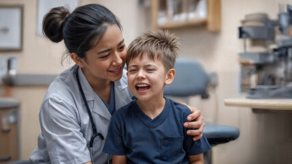 Obraz premium An Asian American doctor or nurse attempting to comfort a crying little boy in a waiting room.