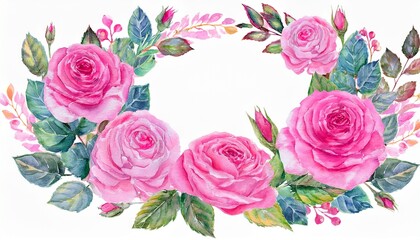 hand painted watercolor pink rose wreath isolated on white for greeting cards