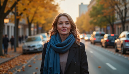 Fototapeta premium Confident woman in blue scarf walking autumn street, embracing change