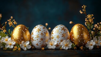 Easter eggs painted gold and white nestled amongst dainty white and yellow flowers