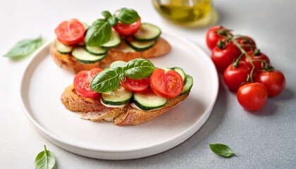delicious bruschetta with fresh tomatoes and cucumbers topped with basil on a light background